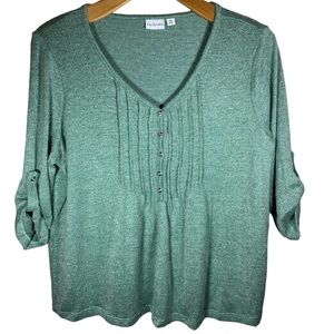 KIM ROGERS Holiday Metallic Fashion Henley with Roll Tab Sleeves (Petite)